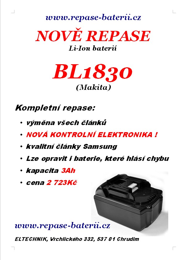 Novinka - repase Li-Ion baterií BL1830 je nově možná a to i u baterií, které vykazují v nabíječce chybu Novinka - repase Li-Ion baterií BL1830 je nově možná a to i u baterií, které vykazují v nabíječce chybu